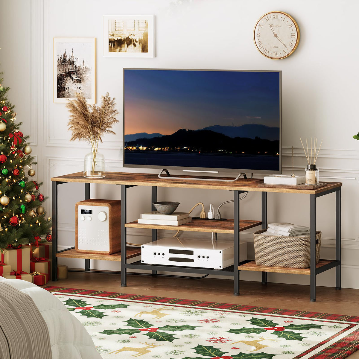 HOOBRO TV Stand with Power Outlets to 65 Inches, TV Console Table with Open Storage Shelves, Industrial Media Entertainment Center for Living Room Bedroom, Rustic Brown and Black BF40DS01