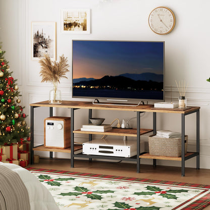 HOOBRO TV Stand with Power Outlets to 65 Inches, TV Console Table with Open Storage Shelves, Industrial Media Entertainment Center for Living Room Bedroom, Rustic Brown and Black BF40DS01