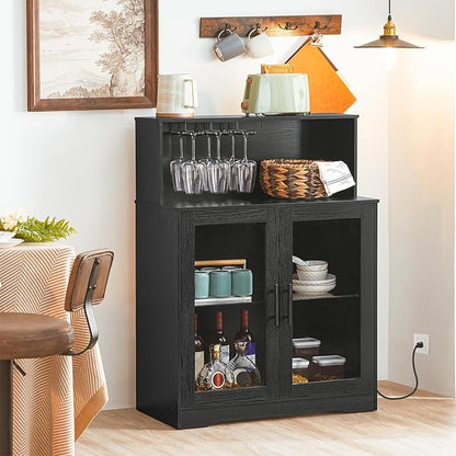 Black storage cabinet with glass doors in a dining room setting.