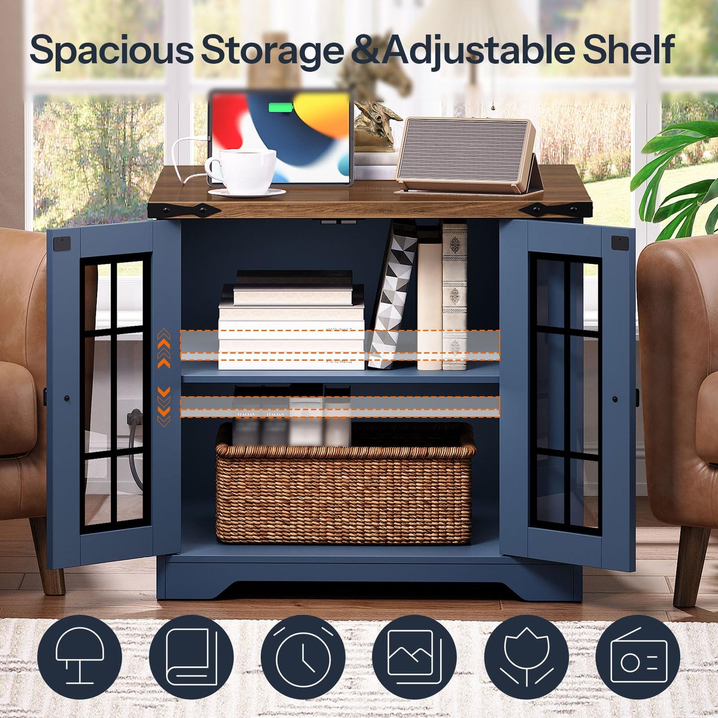 HOOBRO Blue Farmhouse Style 23.6-inch Large Side Table with Charging Station & Side Shelf