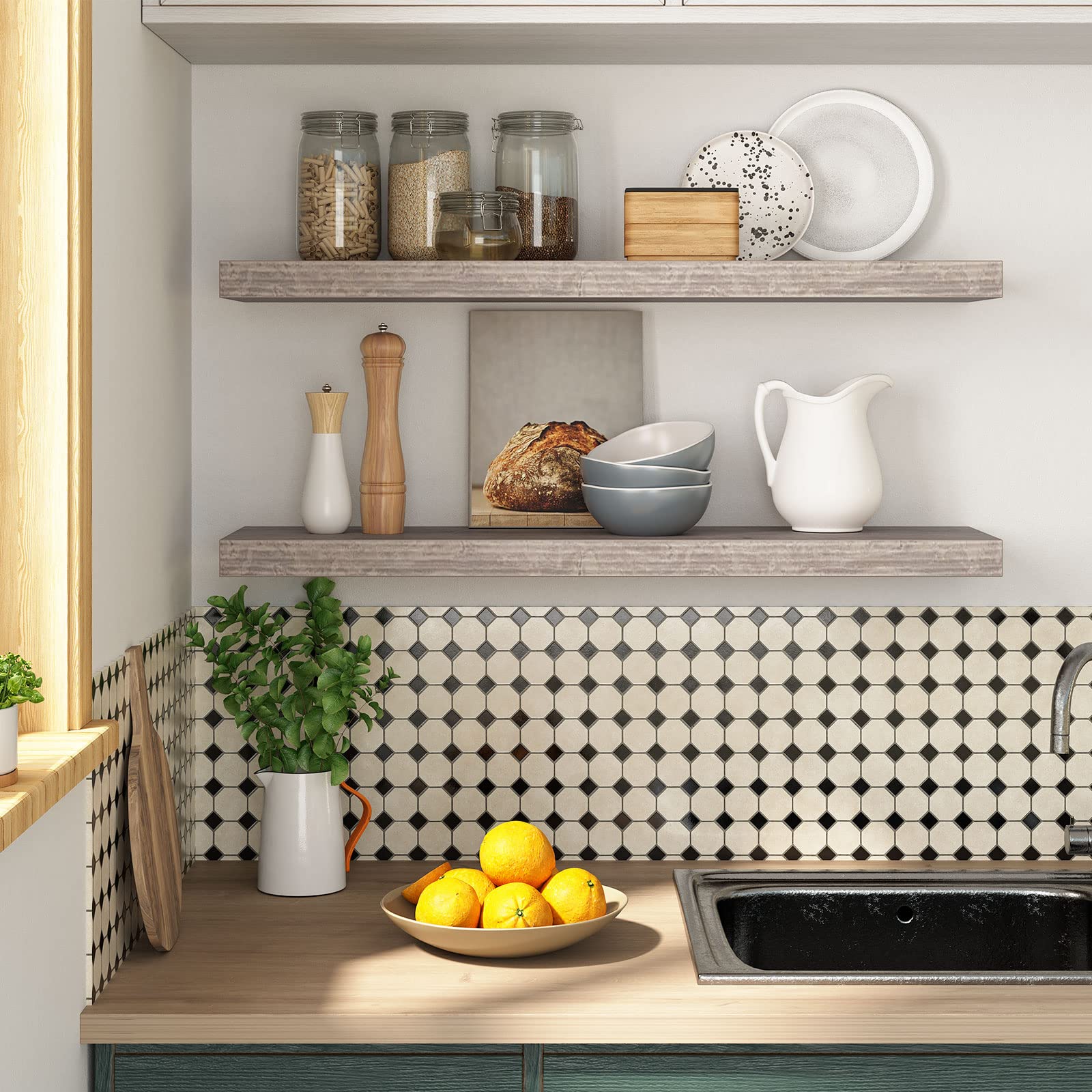 Modern kitchen with wooden shelves, countertop, and tiled backsplash.