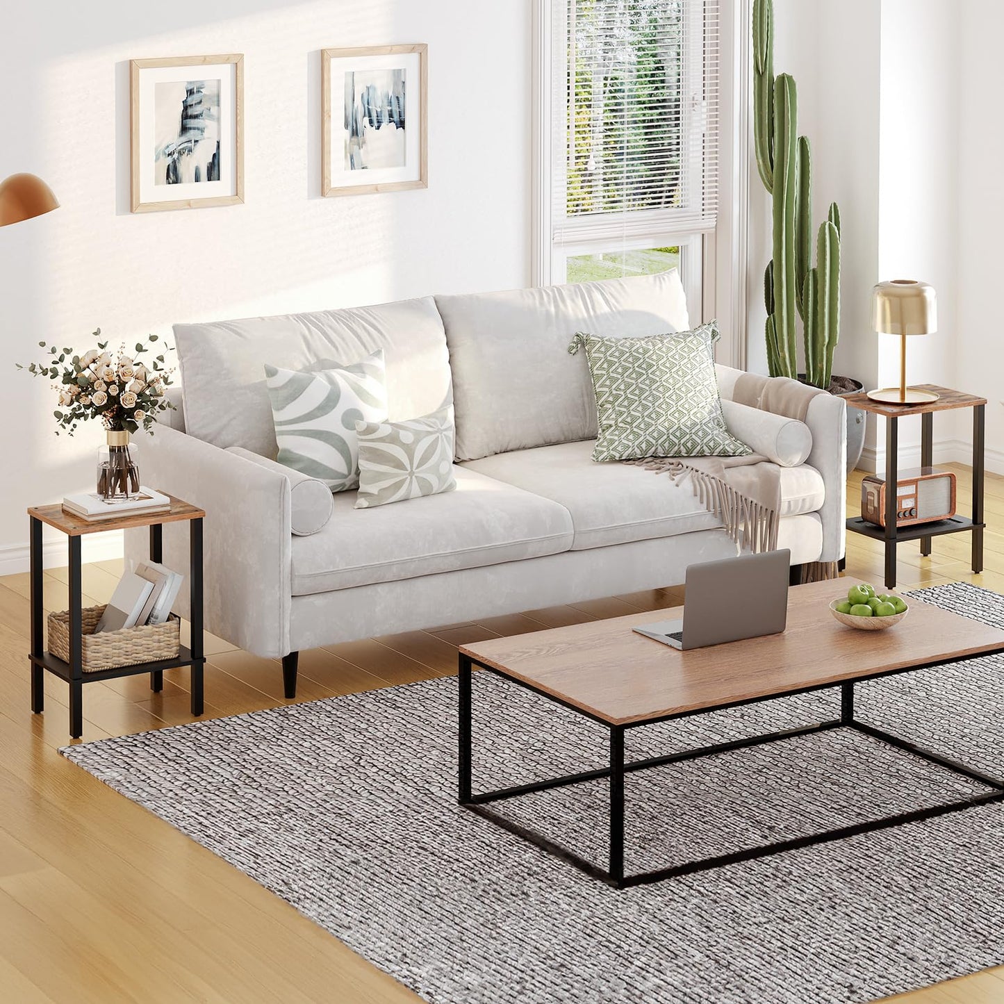 HOOBRO Retro Brown Small Side Table with Two-Tier Storage Shelf