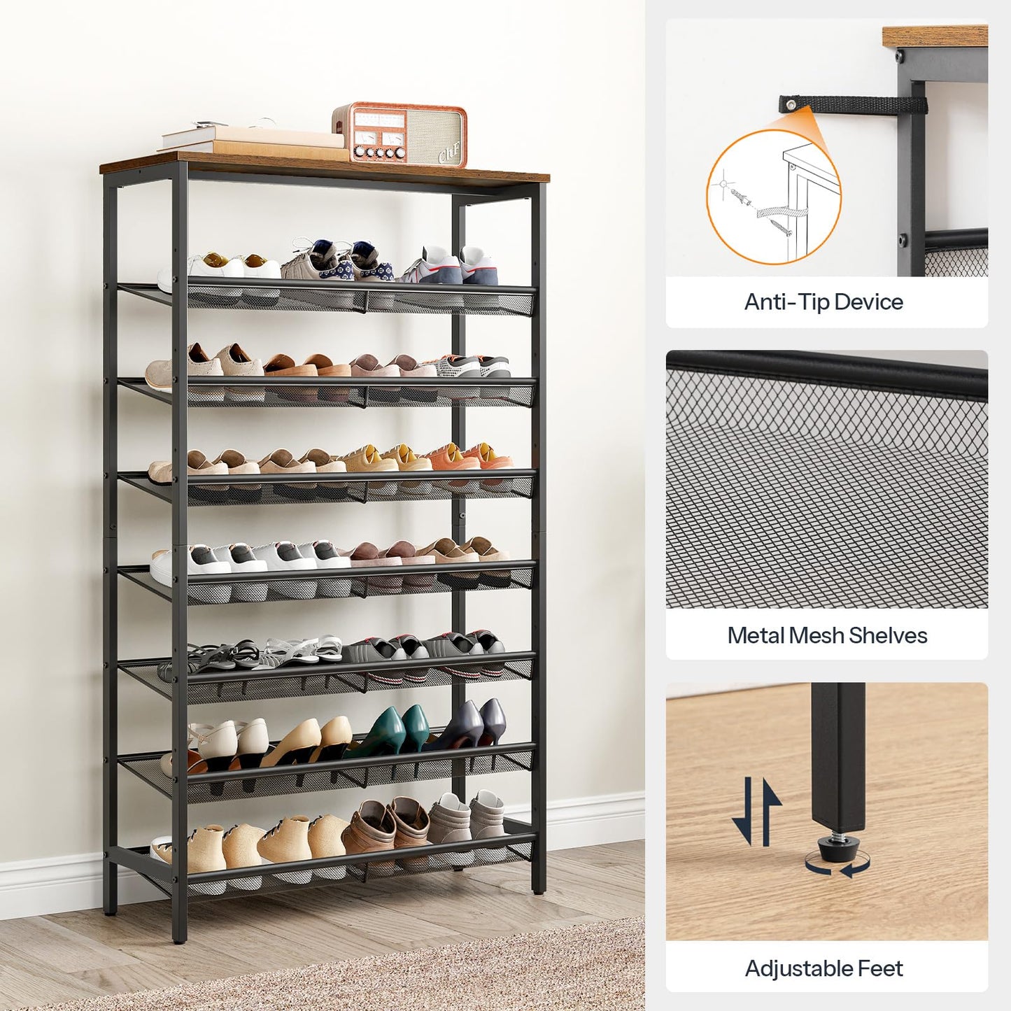 HOOBRO Retro Brown 29.5-inch 8-Layer Large Capacity Shoe Racks