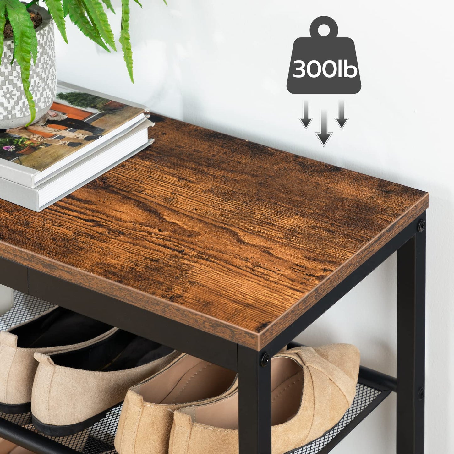 HOOBRO 29.5-inch Industrial Style Three-Tier Shoe Rack with Mesh Shelf