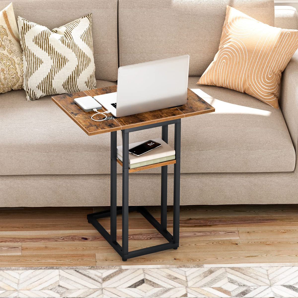 HOOBRO Foldable C Shaped End Table, C Shaped Side Table with Storage Shelf, Slide Under Couch Table for Sofa, Small Spaces, for Living Room, Bedroom, Easy Assembly, Rustic Brown BF29SF01