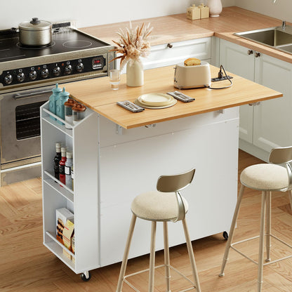 HOOBRO White Movable Kitchen Island with Folding Countertop & Power Outlet & Drawers & Spice Rack