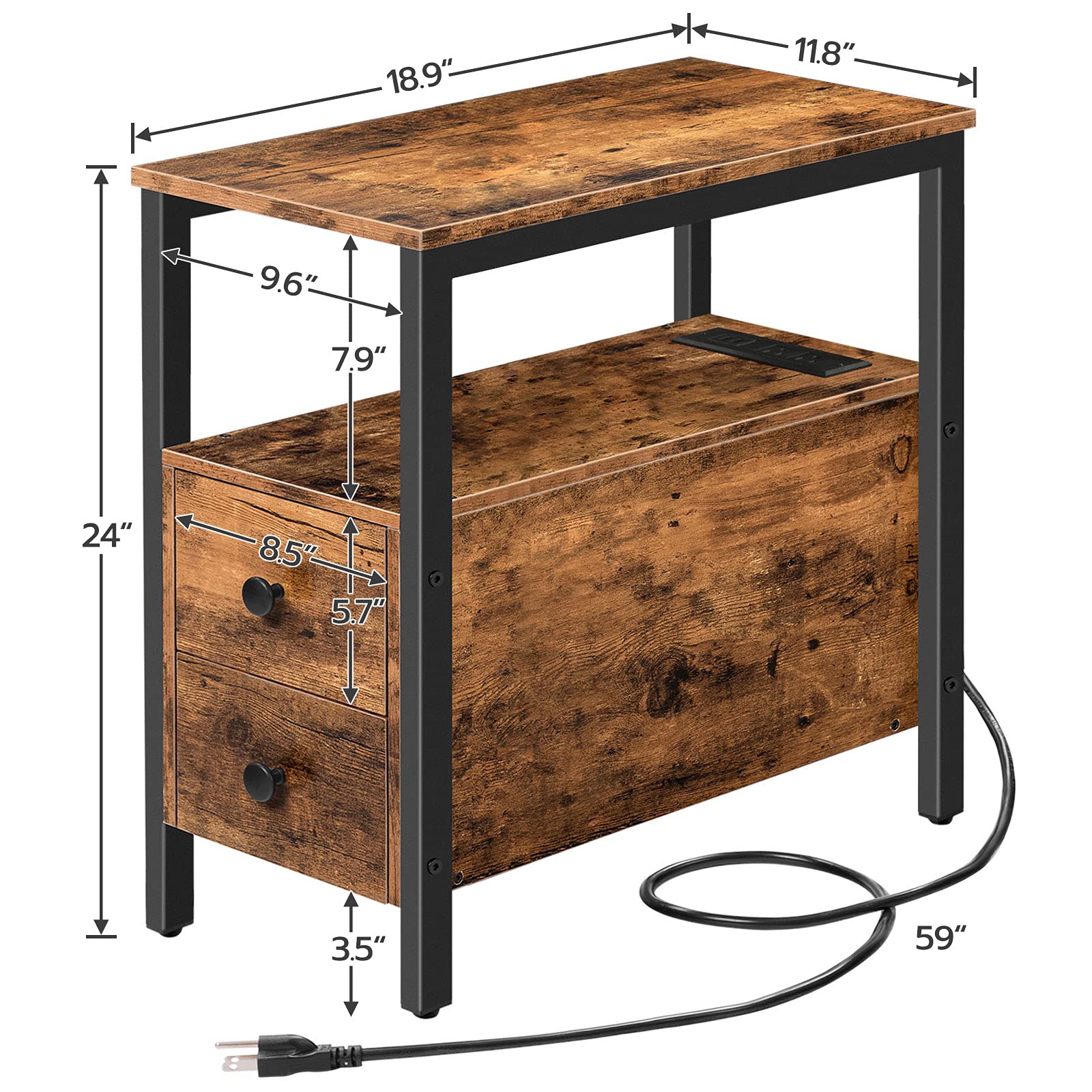 Wooden side table with dimensions labeled on a white background
