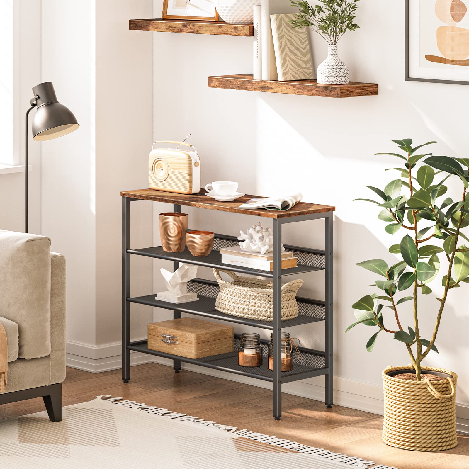 Wooden shelf with decorative items in a living room setting