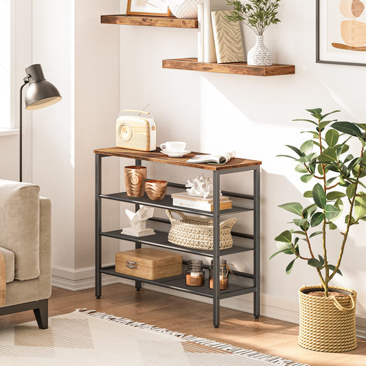 Wooden shelf with decorative items in a living room setting
