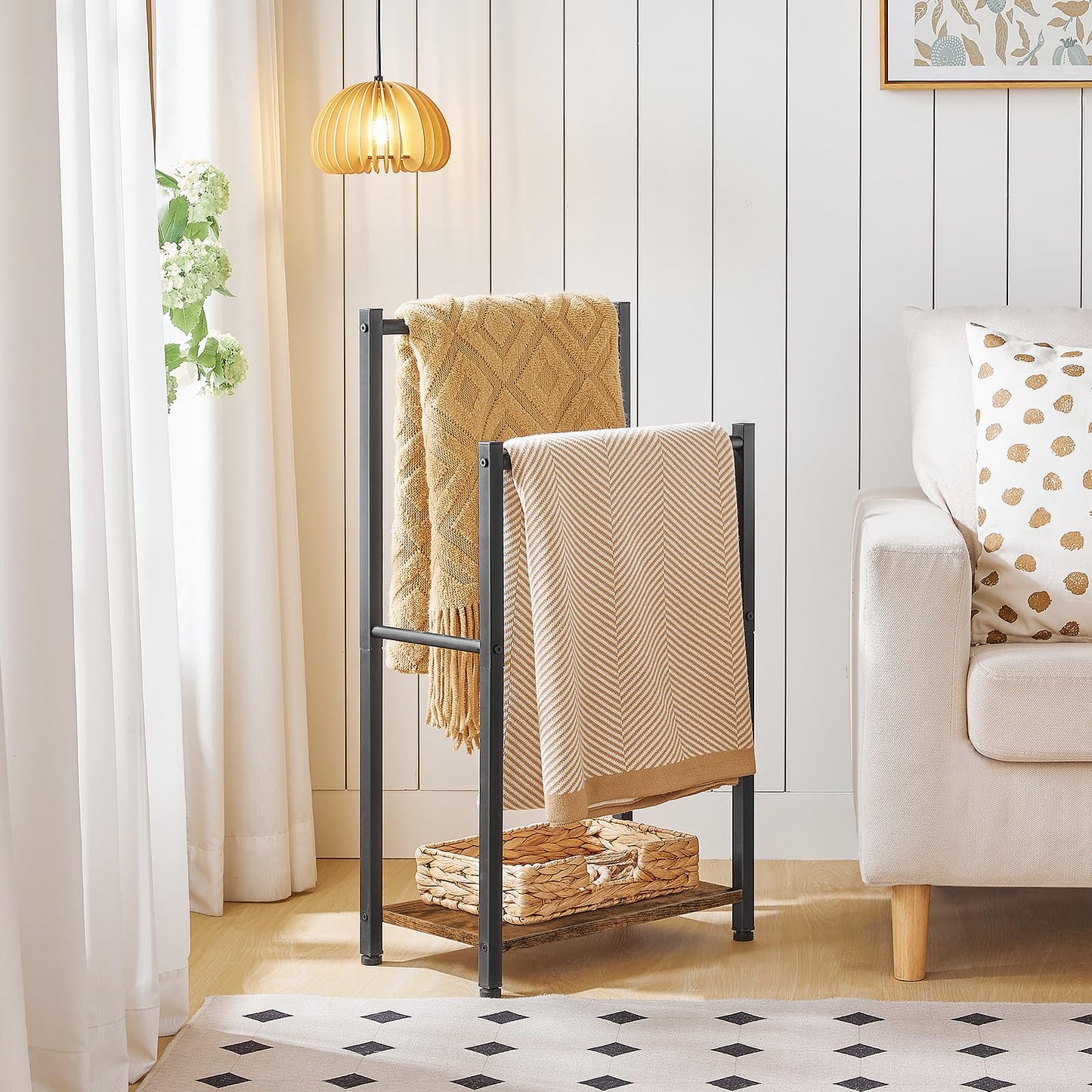 HOOBRO Retro Brown Double-Layer Freestanding Towel Rack with Shelf