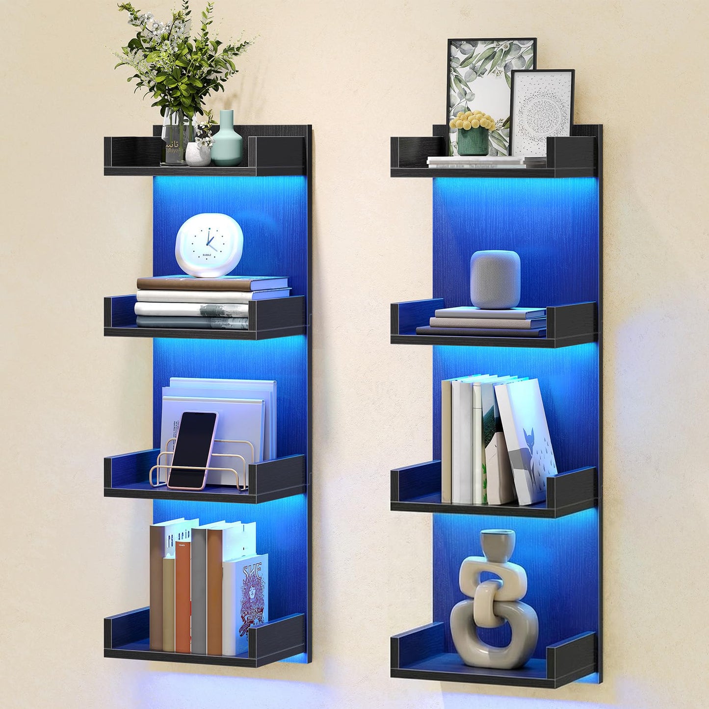 HOOBRO 4-Tier Floating Wall Shelves with LED Lights