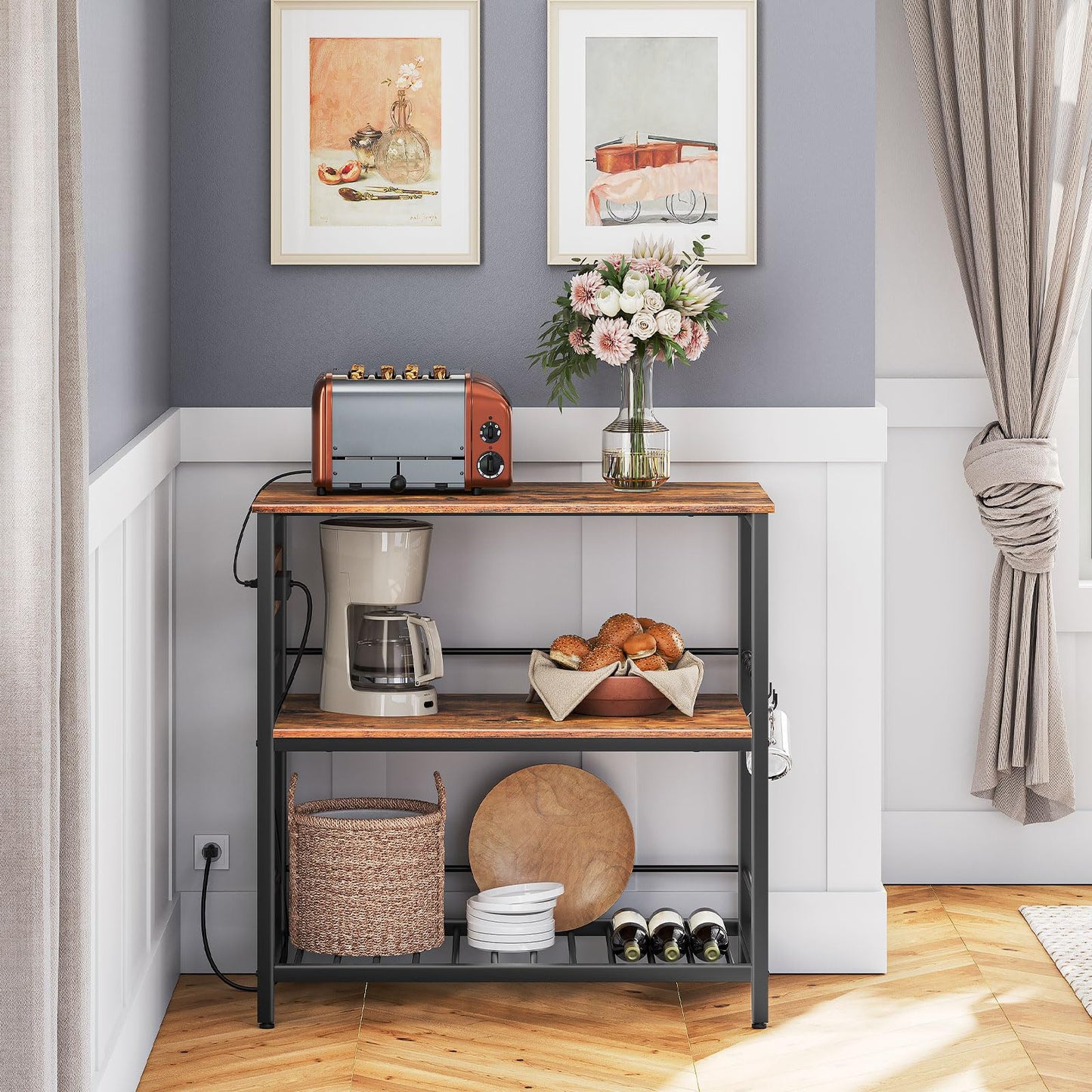 HOOBRO Retro Brown 35.4-inch Long Three-Tier Kitchen Island with Power Outlet