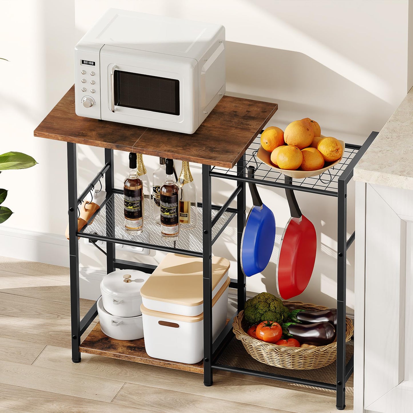 HOOBRO Bakers Rack & Microwave Stand with Power Outlet & Hooks