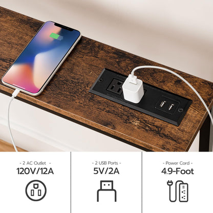 HOOBRO Retro Brown 78.7-inch Narrow Console Table with Charging Station & 2 Power Outlets & USB Port