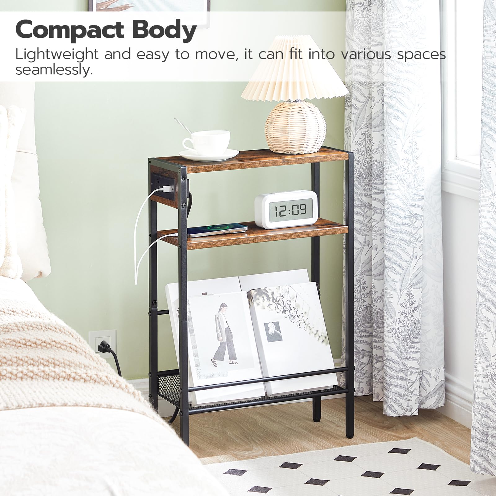 Small shelf with books and a clock in a bedroom setting, emphasizing its compact design.