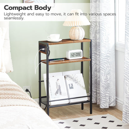 HOOBRO Retro Brown Storage Shelf with USB Interface Sofa Side Table