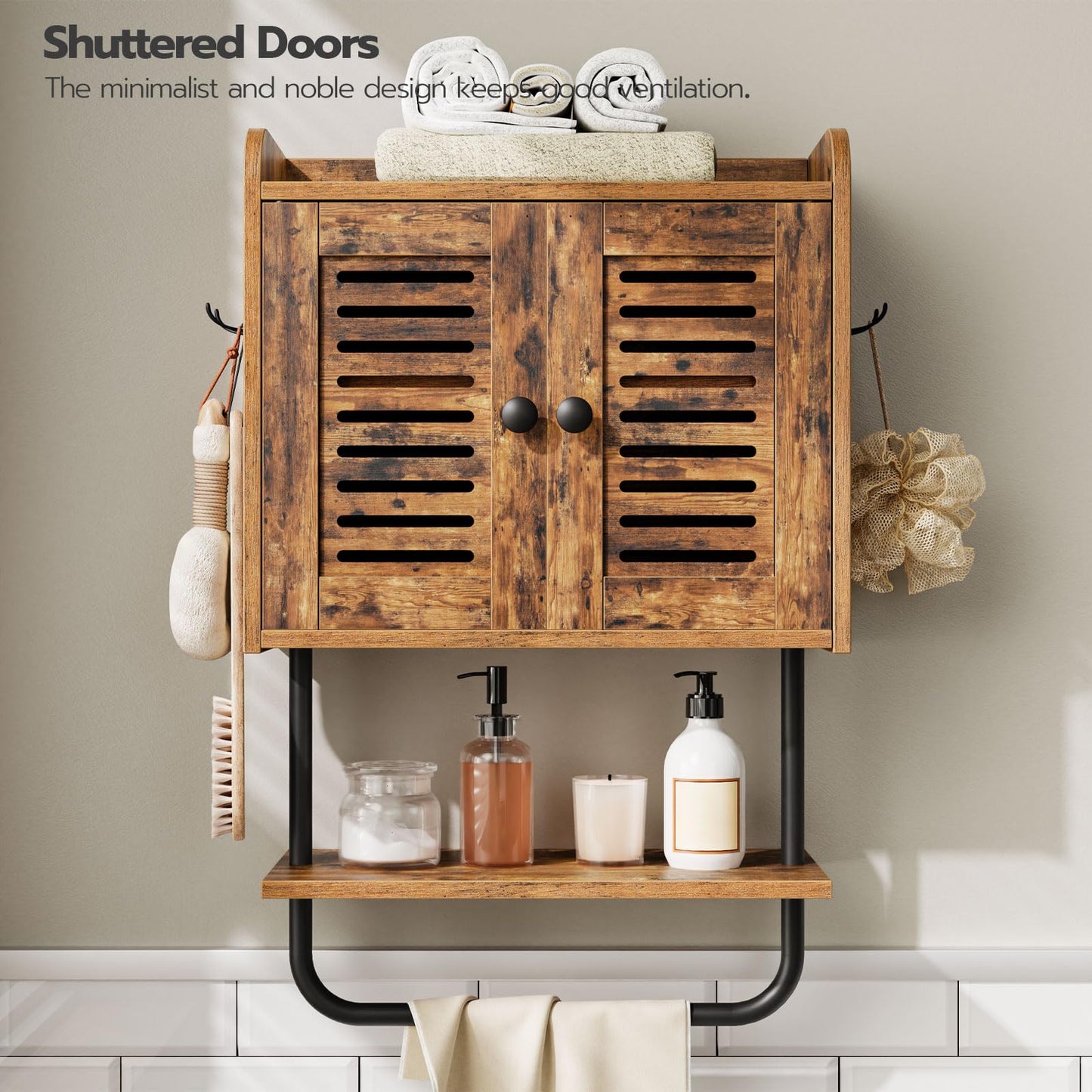 HOOBRO Retro Brown Double Door Bathroom Vanity with Towel Bar & Adjustable Shelf & 2 Hooks