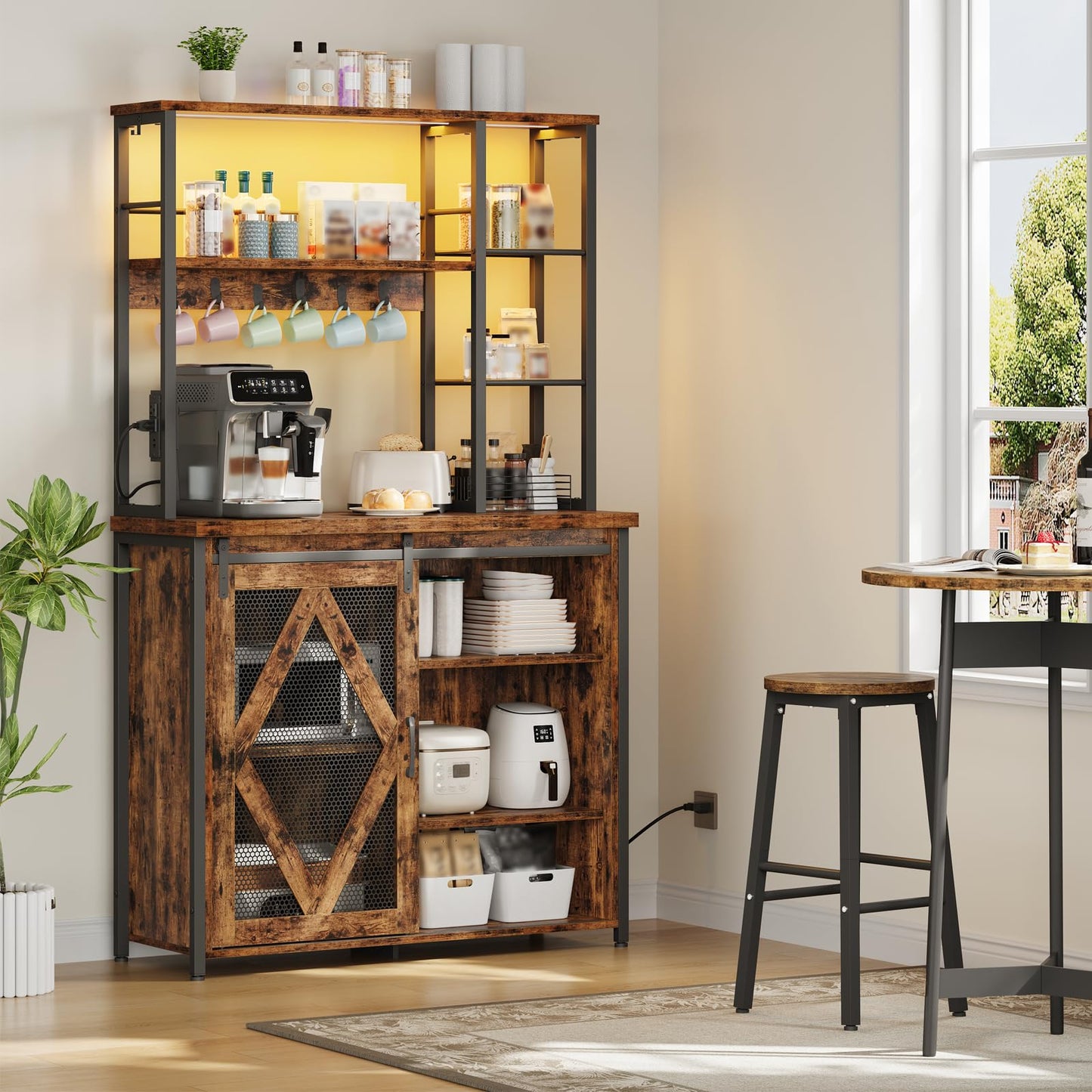 Wooden bar cabinet with shelves and a countertop in a room with a stool and plants.