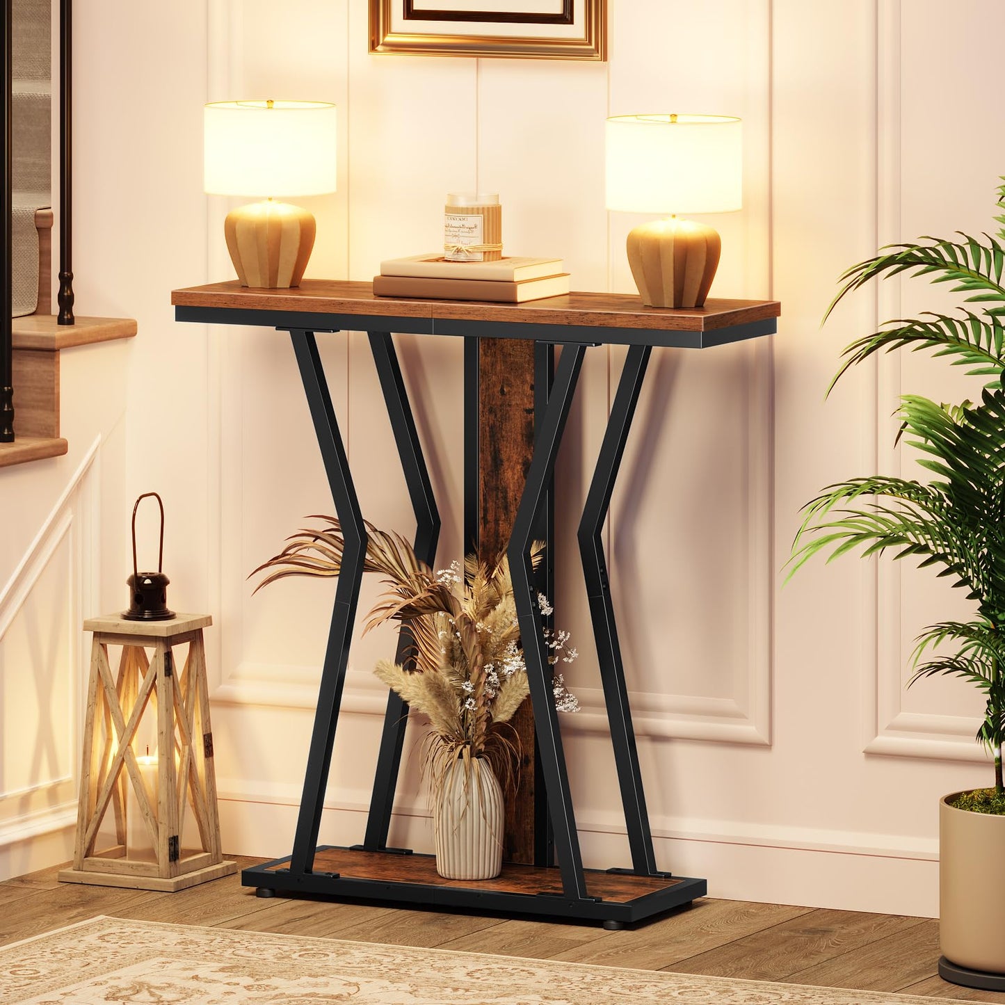 Console table with decorative items in a home setting
