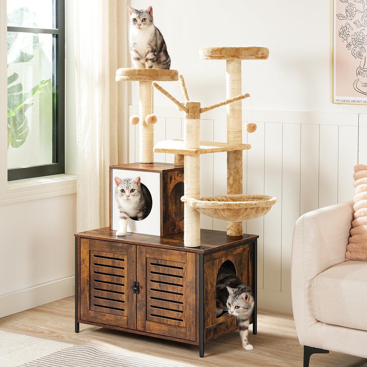HOOBRO Wooden Cat Tree with Litter Box Enclosure