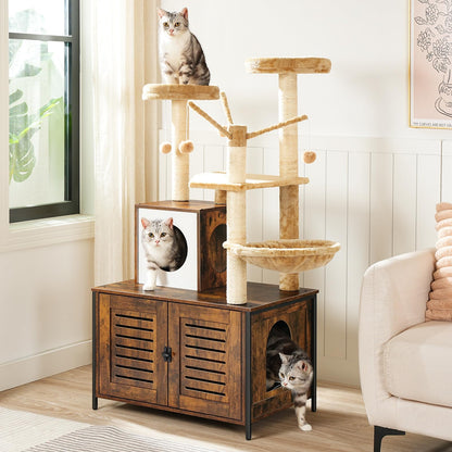 HOOBRO Wooden Cat Tree with Litter Box Enclosure