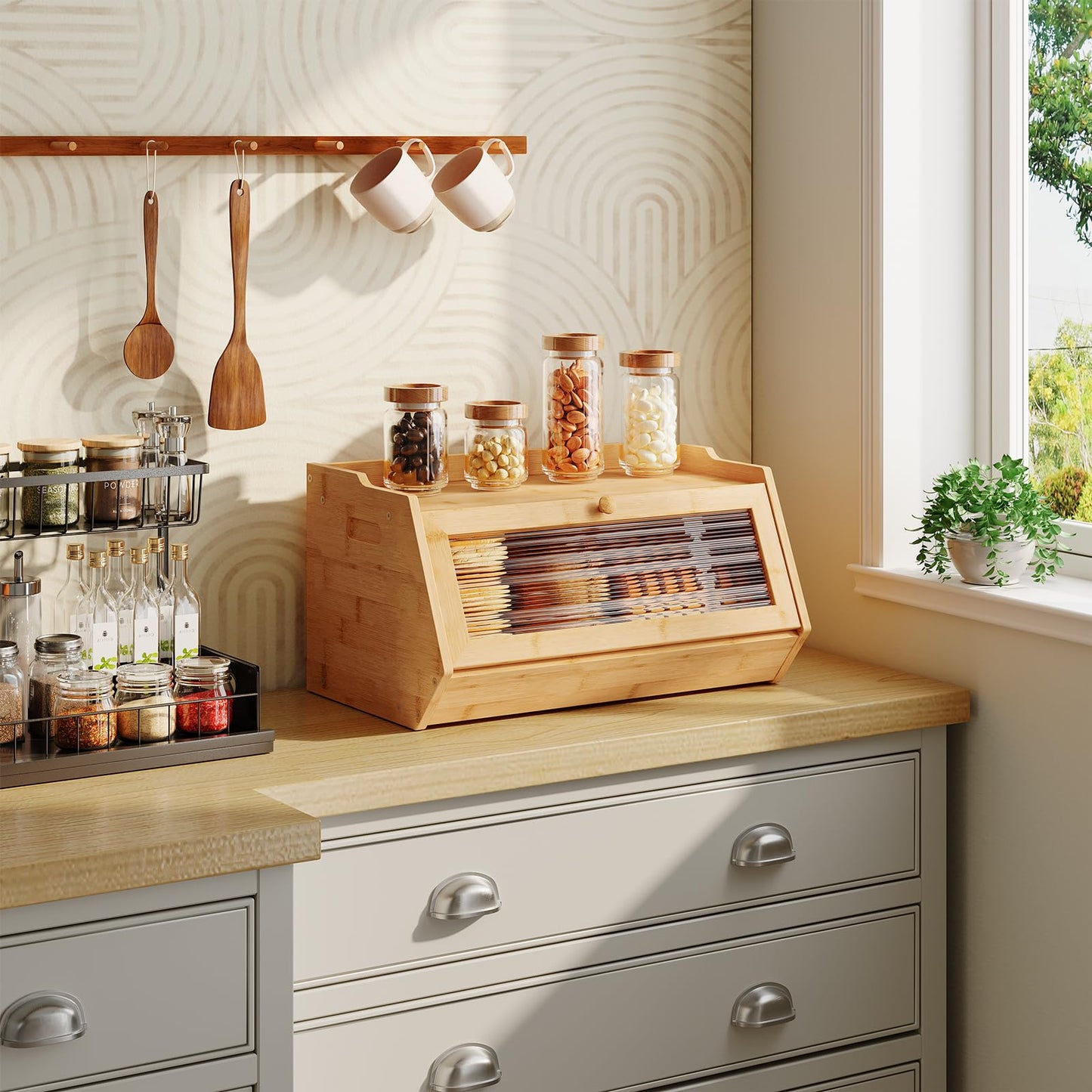 HOOBRO Bamboo Bread Box for Kitchen Countertop