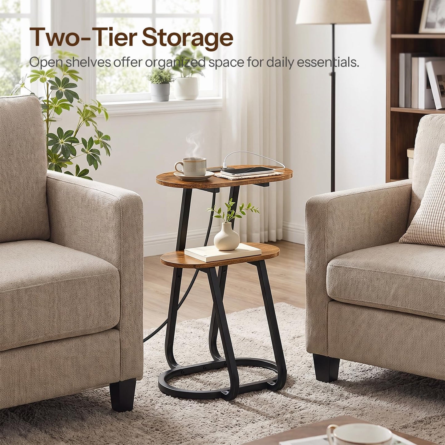 HOOBRO Narrow End Table, with Charging Station, Nightstand for Home