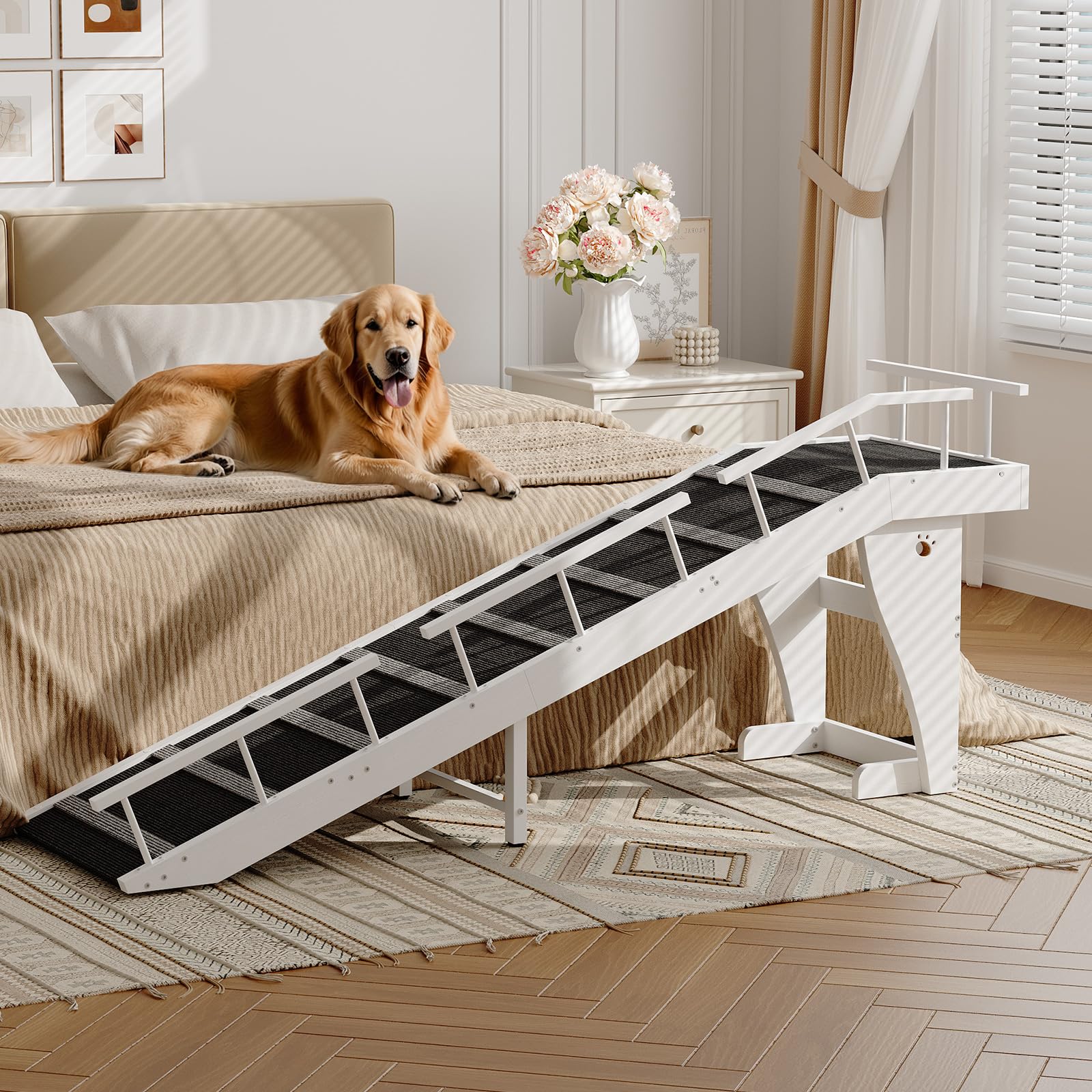 Dog lying on a bed with a pet ramp in a bedroom setting