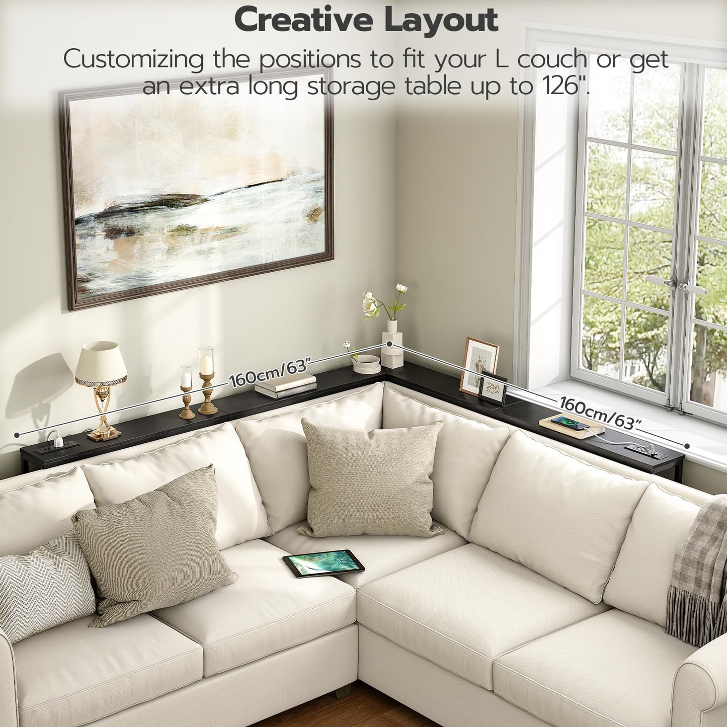 HOOBRO Black 63-inch Narrow Console Table with Charging Station & 2 Power Outlets & USB Port