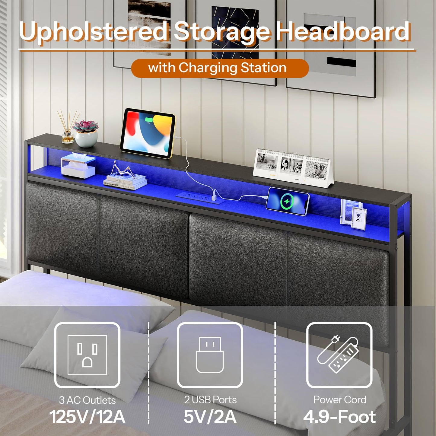 HOOBRO Queen Metal Bed Frame with LED Lights & Headboard Shelves
