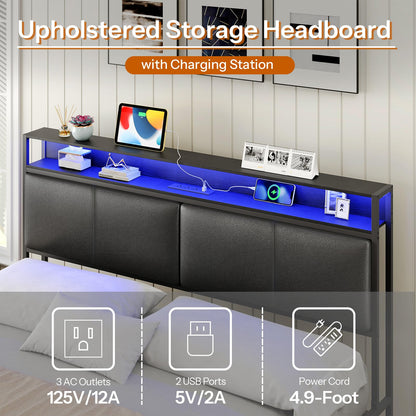 HOOBRO Queen Metal Bed Frame with LED Lights & Headboard Shelves