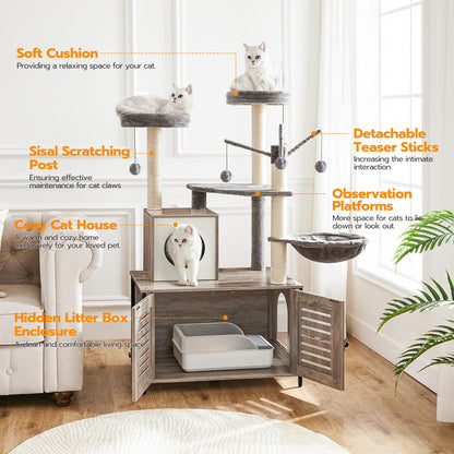 HOOBRO Wooden Cat Tree with Litter Box Enclosure