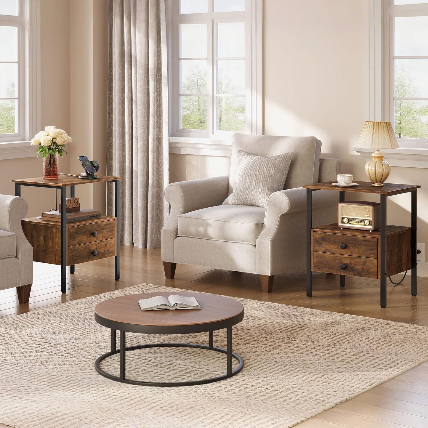 HOOBRO 2-Drawer Nightstands & End Tables with Charging Station / 2PICS