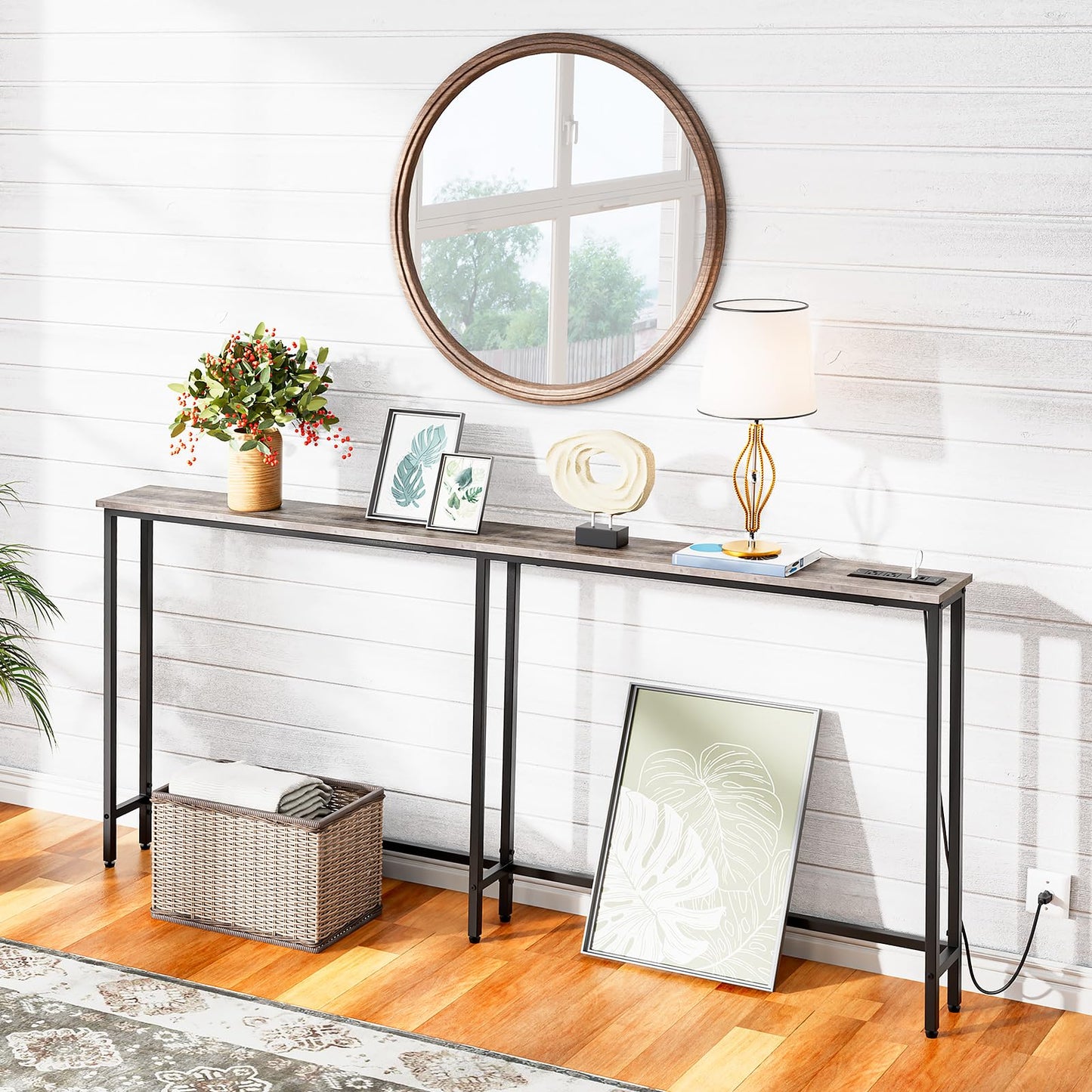 HOOBRO Greige 70.9-inch Narrow Console Table with Charging Station & Two Power Outlets & USB Port
