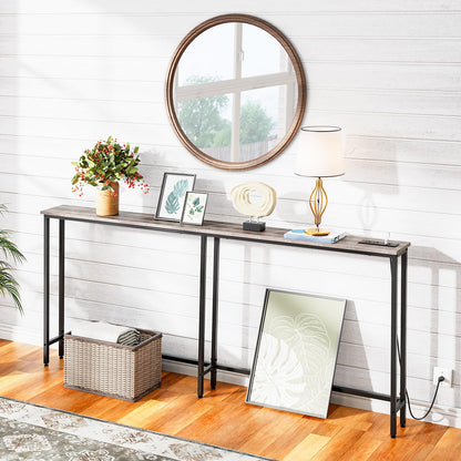 HOOBRO Greige 70.9-inch Narrow Console Table with Charging Station & Two Power Outlets & USB Port