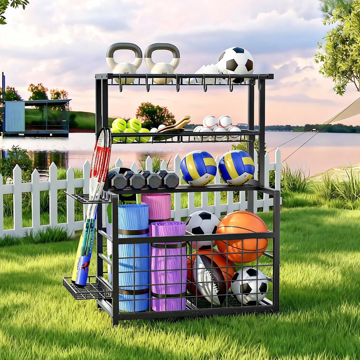 HOOBRO Sports Equipment Organizer & Ball Storage Rack with Hooks & Basket