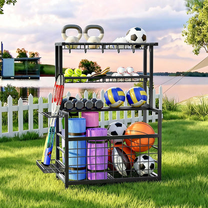 HOOBRO Sports Equipment Organizer & Ball Storage Rack with Hooks & Basket