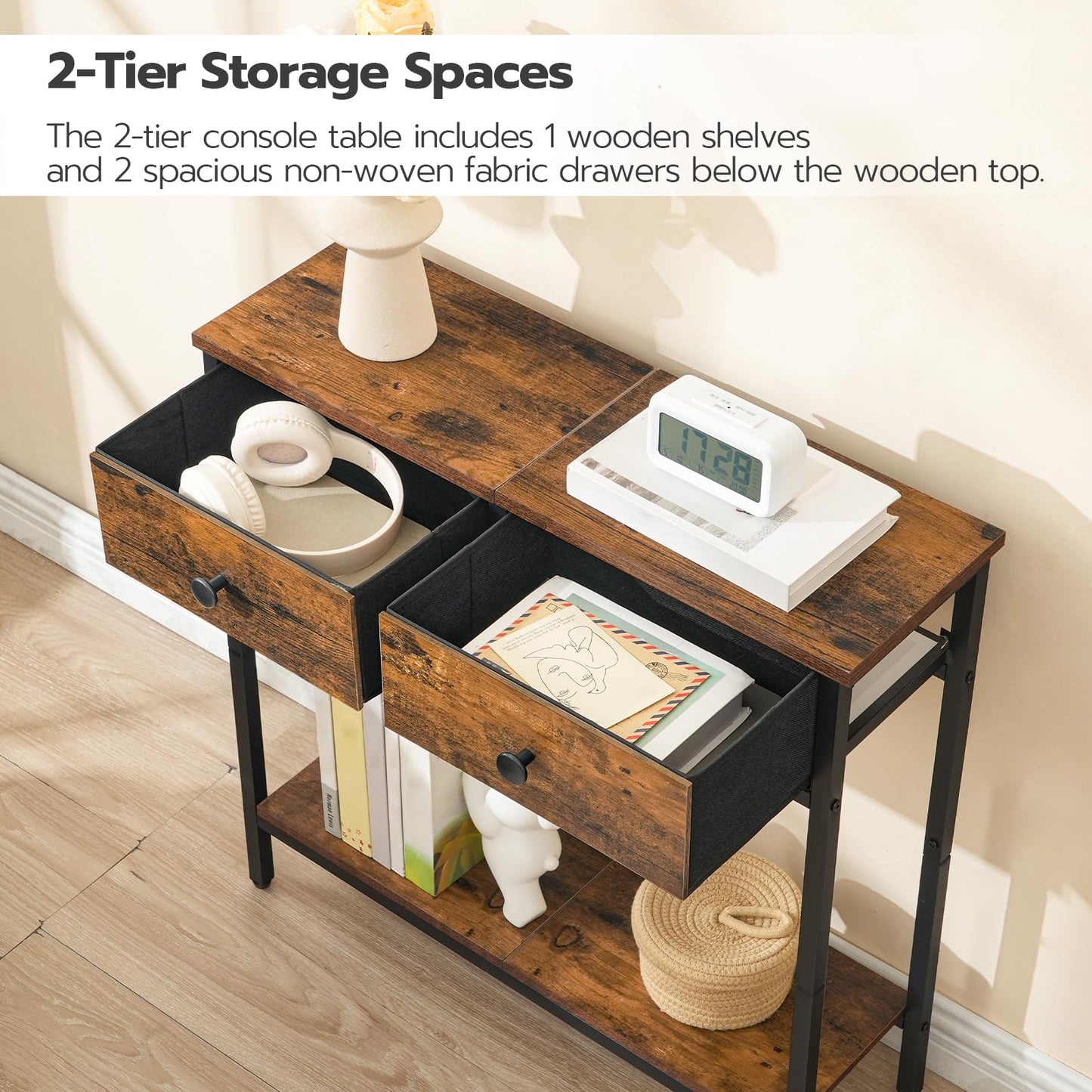 HOOBRO Retro Brown 29.5-inch Narrow Console Table with 2 Fabric Drawers