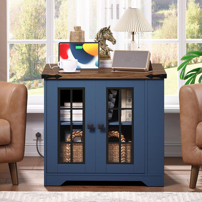 HOOBRO Blue Farmhouse Style 23.6-inch Large Side Table with Charging Station & Side Shelf