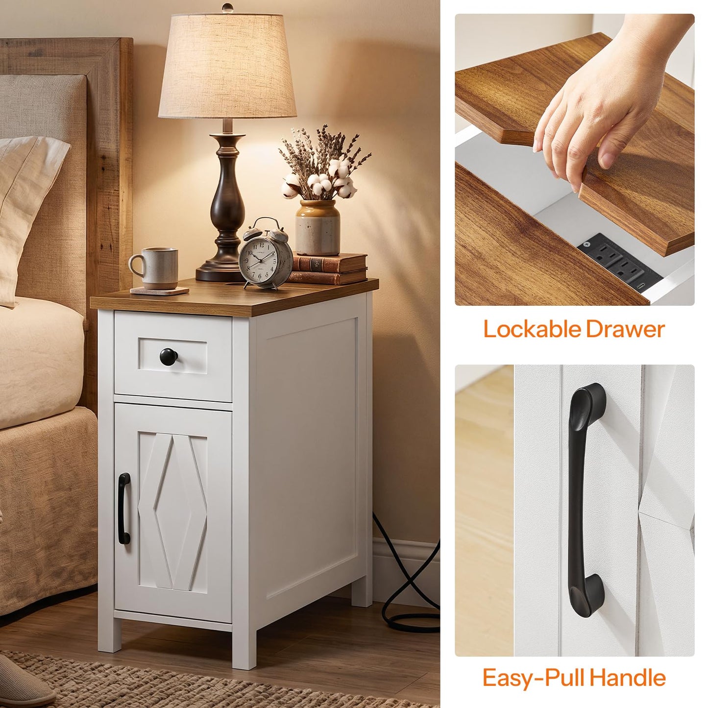 HOOBRO End Table with Charging Station, Farmhouse End Table with Drawer, Slim Nightstand for Living Room, Storage Cabinet, Narrow Side Table for Bedroom, Office, Walnut and White WH364UBZ01