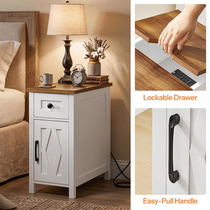 HOOBRO End Table with Charging Station, Farmhouse End Table with Drawer, Slim Nightstand for Living Room, Storage Cabinet, Narrow Side Table for Bedroom, Office, Walnut and White WH364UBZ01