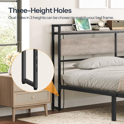 HOOBRO King Size Headboard, Headboard with 2 Outlets and 4 USB Ports, Adjustable Height, Storage Rack, Sturdy and Stable, Easy Assembly, Greige and Black