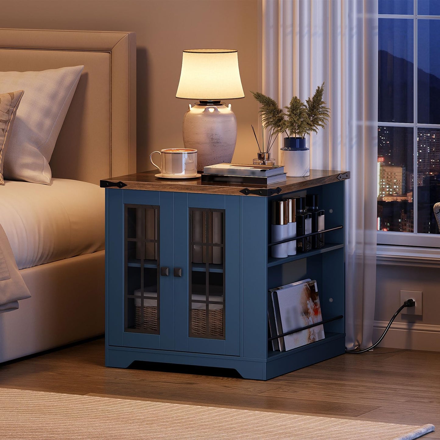 HOOBRO Blue Farmhouse Style 23.6-inch Large Side Table with Charging Station & Side Shelf