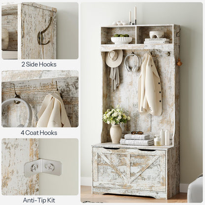 HOOBRO Vintage White Bench with Flip-Top Shoe Cabinet & Coat Rack for Entryways