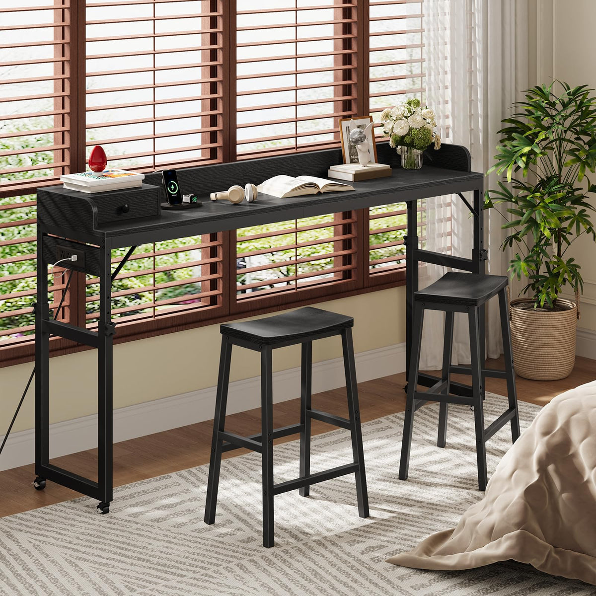 HOOBRO Overbed Table with Wheels, Rolling Table with Outlets & Light Strip for Queen Bed, Mobile Bed Desk & Drawer and Adjustable Height, Giant Computer Desk for Living Room, Black BB180UDDN01
