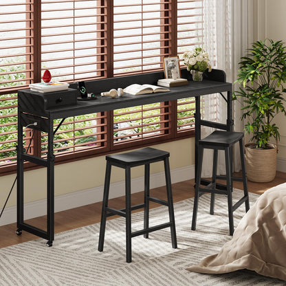 HOOBRO Overbed Table with Wheels, Rolling Table with Outlets & Light Strip for Queen Bed, Mobile Bed Desk & Drawer and Adjustable Height, Giant Computer Desk for Living Room, Black BB180UDDN01