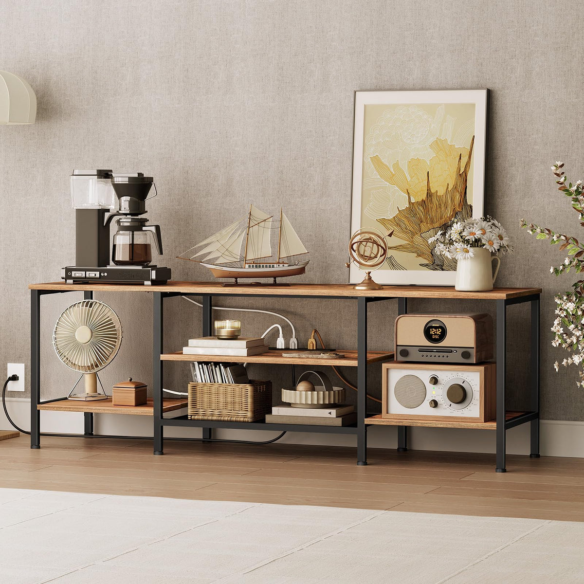 HOOBRO TV Stand with Power Outlets to 75 Inches, TV Console Table with Open Storage Shelves Cabinet, Industrial Media Entertainment Center for Living Room Bedroom, Rustic Brown and Black BF60DS01