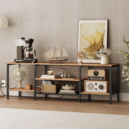HOOBRO TV Stand with Power Outlets to 75 Inches, TV Console Table with Open Storage Shelves Cabinet, Industrial Media Entertainment Center for Living Room Bedroom, Rustic Brown and Black BF60DS01