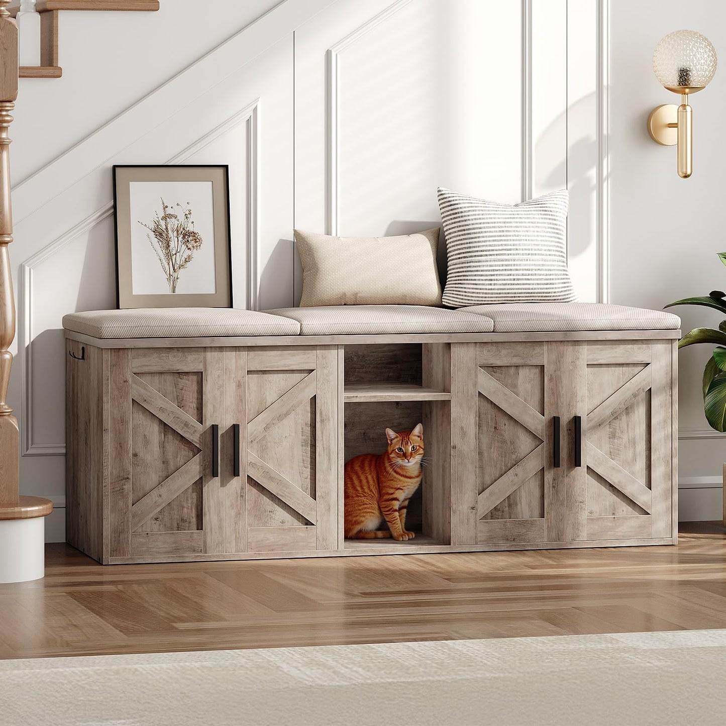 HOOBRO Greige Wooden Double Hidden Litter Box Enclosure with Corridor & Storage Layer & Hooks