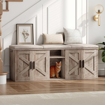 HOOBRO Greige Wooden Double Hidden Litter Box Enclosure with Corridor & Storage Layer & Hooks